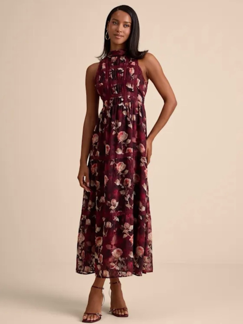 Lulus Etheline Lace Tiered Midi Dress in Burgundy Floral XL NWT